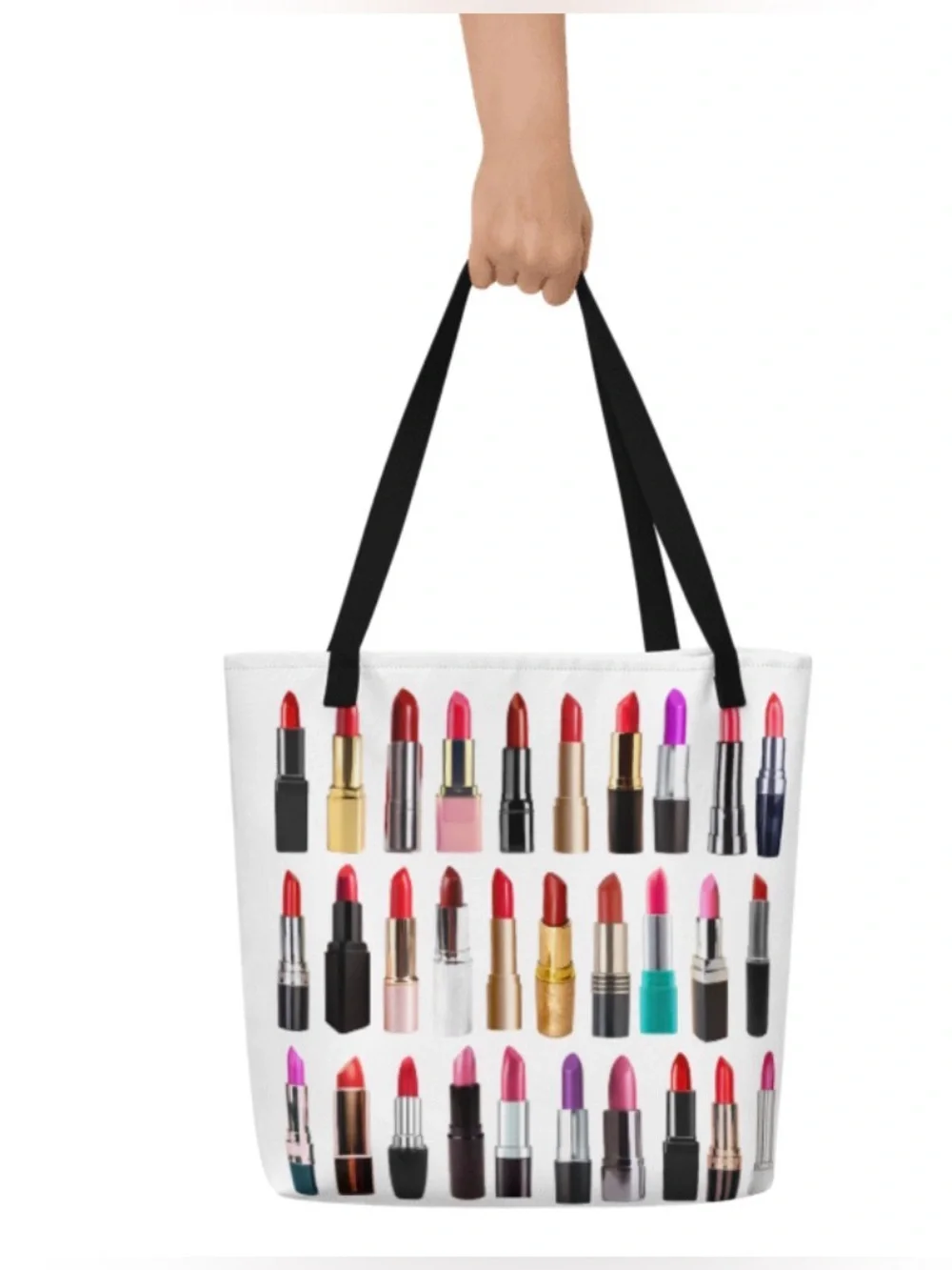 Women’s White Lipstick Print Tote Bag with Black Straps